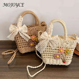 Handwoven Crossbody Bag Rattan Flower with Lace Bow for Ladies Shopping