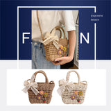 Handwoven Rattan Flower Shoulder Bag with Lace Bow for Women