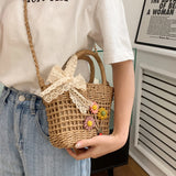 Handwoven Rattan Flower Shoulder Bag with Lace Bow for Women