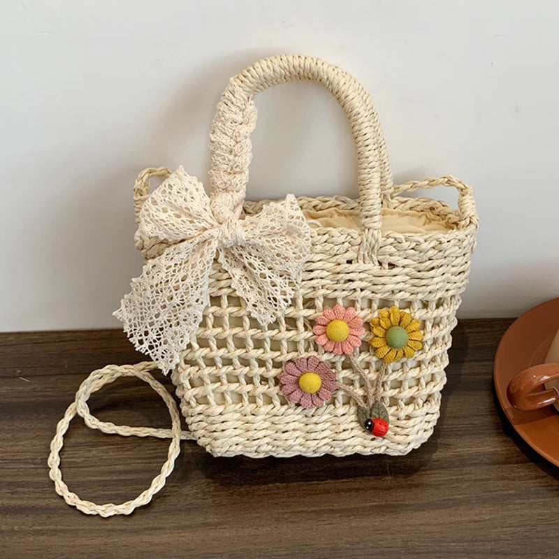 Handwoven Rattan Flower Shoulder Bag with Lace Bow for Women