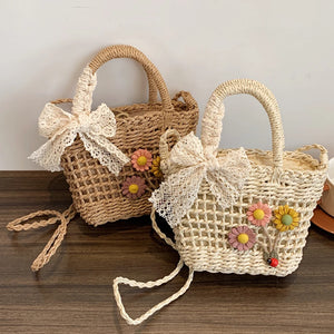 Handwoven Rattan Flower Shoulder Bag with Lace Bow for Women