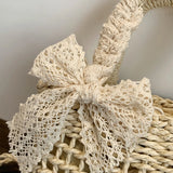 Handwoven Rattan Flower Shoulder Bag with Lace Bow for Women