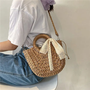 Straw Rattan Beach Handbag for Women Girls Hollow Out Crossbody Bag