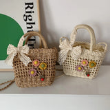 Handwoven Women Handbags Rattan Flower with Lace Bow Composite Shoulder Bag