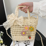 Handwoven Women Handbags Rattan Flower with Lace Bow Composite Shoulder Bag