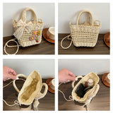 Handwoven Women Handbags Rattan Flower with Lace Bow Composite Shoulder Bag