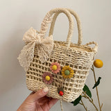 Women Handbags Rattan Flower Lace Bow Shoulder Bag Durable for Shopping