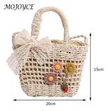 Handwoven Rattan Flower Handbag Lace Bow Shoulder Bag