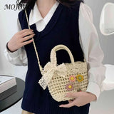 Handwoven Rattan Flower Handbag Lace Bow Shoulder Bag