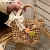 Handwoven Rattan Flower Handbag Lace Bow Shoulder Bag