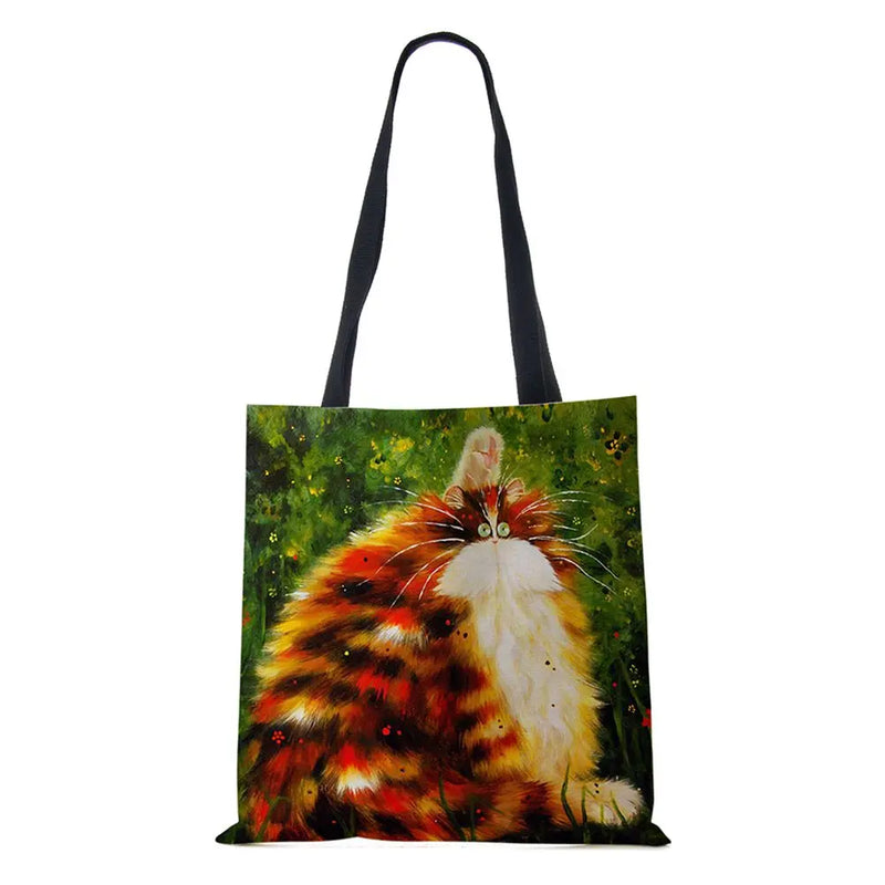 Harajuku Canvas Shopper Bag Abstract Art Cat Eco Travel Shoulder Bag