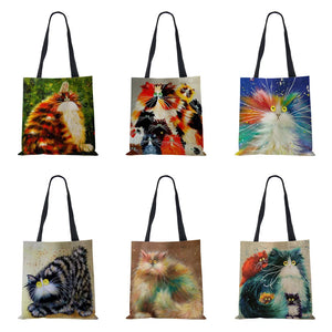 Harajuku Canvas Shopper Bag Abstract Art Cat Eco Travel Shoulder Bag