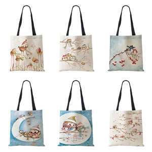 Harajuku Canvas Shopper Bag Winter Bird Snowflake Travel Shoulder Bag