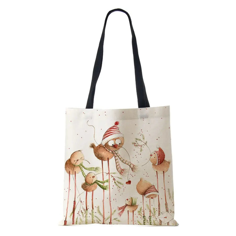 Harajuku Canvas Shopper Bag Winter Bird Snowflake Travel Shoulder Bag