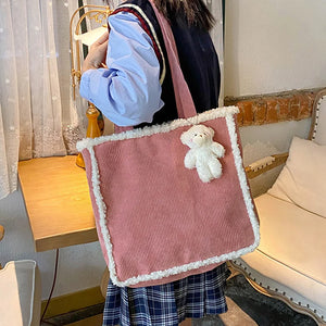 Harajuku Corduroy Lamb Wool Handbag Large Capacity Winter Shoulder Bag