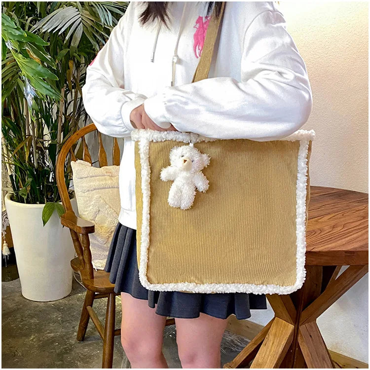 Harajuku Corduroy Lamb Wool Handbag Large Capacity Winter Shoulder Bag