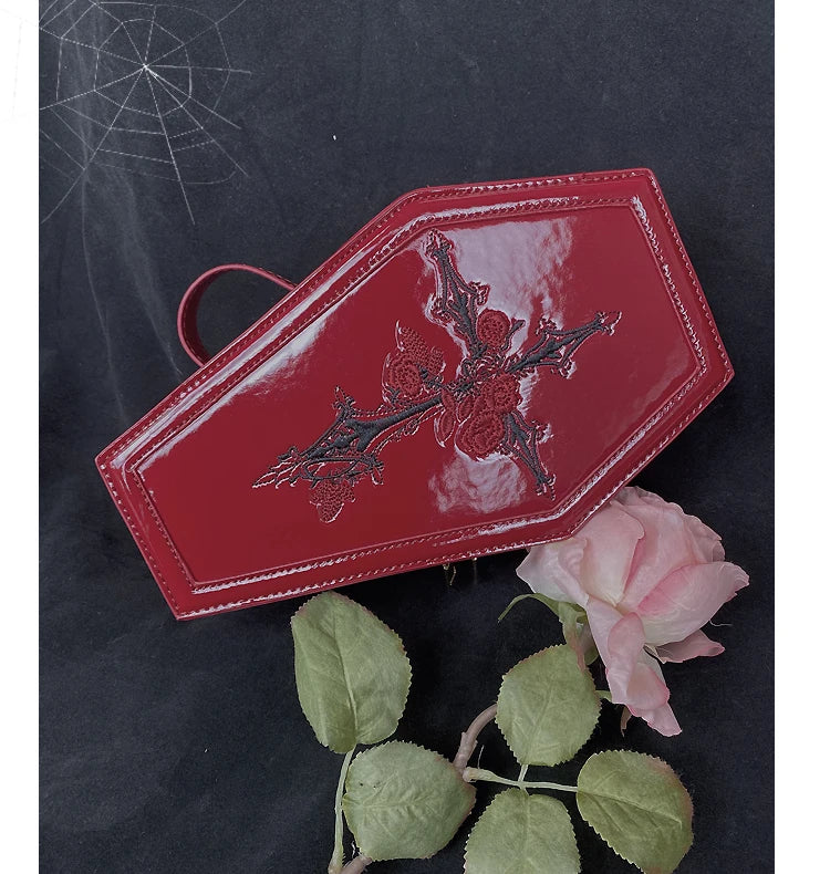 Gothic Coffin Crossbody Bag with Cross Rose Embroidery