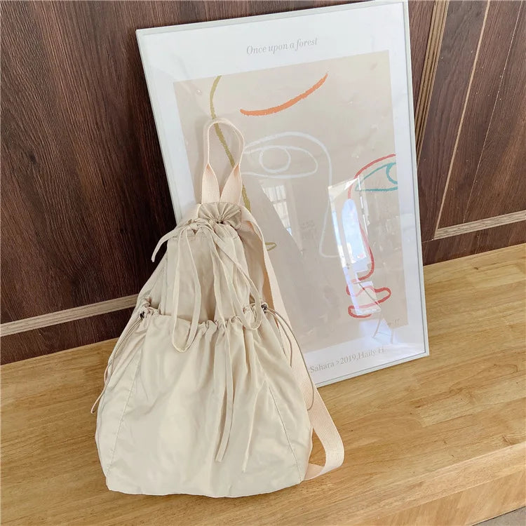 Harajuku Japan Girls Backpack Female Bags Solid Beige Drawstring Backpacks Women