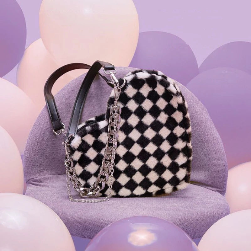 Harajuku Plaid Chain Shoulder Totes Bag Heart Bolsa Feminina Punk Y2K Handbag