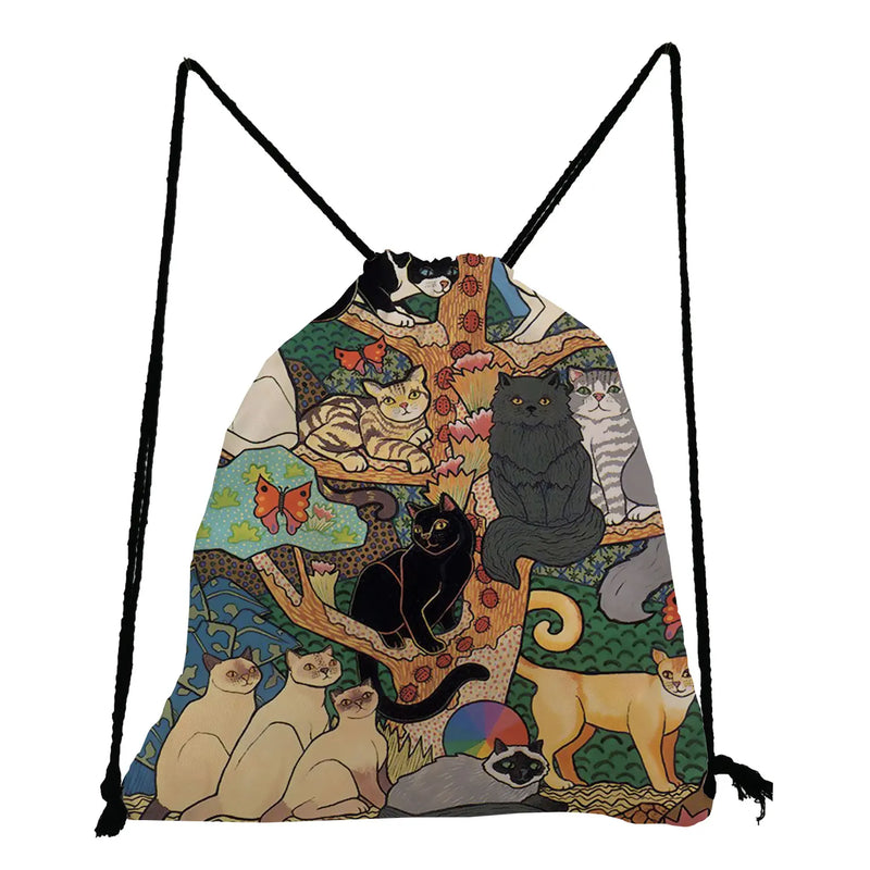 Harajuku Cat Print Women Backpack Drawstring Pocket Shoes Bag