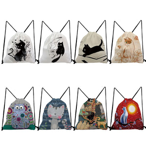 Harajuku Cat Print Women Backpack Drawstring Pocket Shoes Bag