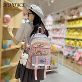 Harajuku Style Women Backpack Contrast School Bag for Girls Multiple Pockets