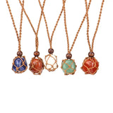 Healing Crystal Natural Stone Pendant Weave Net Bag Charms Rope Chain Necklaces