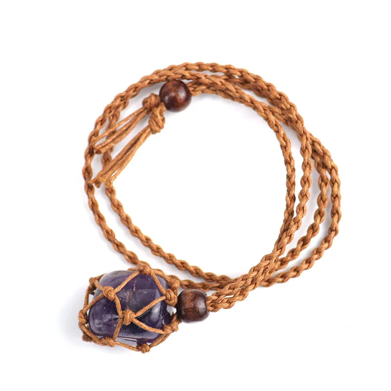 Healing Crystal Natural Stone Pendant Weave Net Bag Charms Rope Chain Necklaces