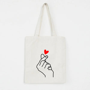 Heart Gesture Women Canvas Foldable Shopping Bag Cartoon Cotton Bag