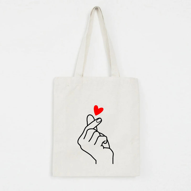 Heart Gesture Women Canvas Foldable Shopping Bag Cartoon Cotton Bag