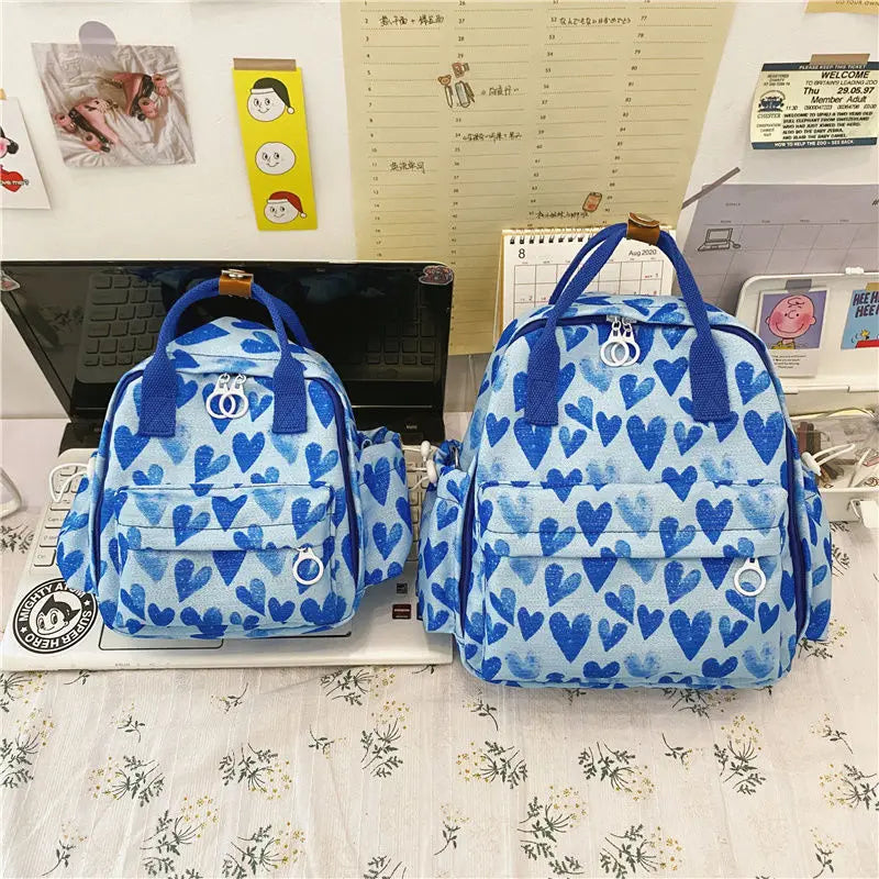 Heart Print Backpacks Women Sweet Nylon High Street All-match