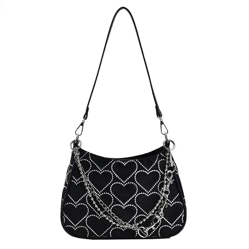 Hearts Embroidery Women Underarm Bag Chain Shoulder Bag