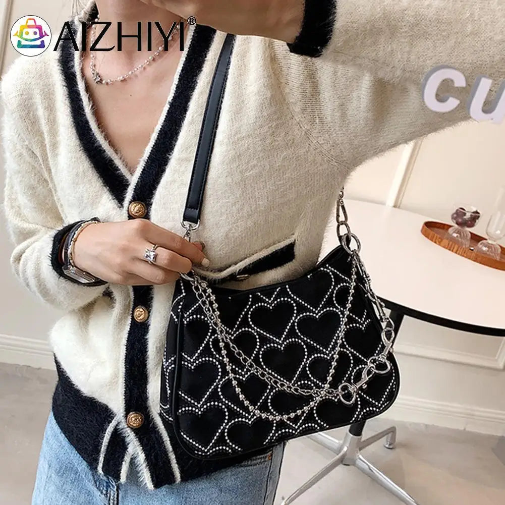 Hearts Embroidery Women Underarm Bag Chain Shoulder Bag