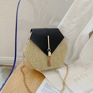 Hexagon Straw+Leather Handbag Women Summer Rattan Woven Beach Bohemia Bag