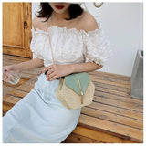 Hexagon Straw+Leather Handbag Women Summer Rattan Woven Beach Bohemia Bag