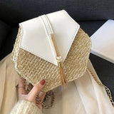 Hexagon Straw+Leather Handbag Women Summer Rattan Woven Beach Bohemia Bag