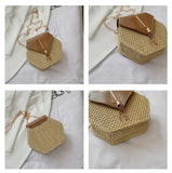 Hexagon Straw+Leather Handbag Women Summer Rattan Woven Beach Bohemia Bag