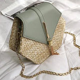 Hexagon Straw+Leather Handbag Women Summer Rattan Woven Beach Bohemia Bag