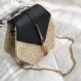 Hexagon Straw+Leather Handbag Women Summer Rattan Woven Beach Bohemia Bag