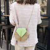 Hexagon Shoulder Bag Woven Beach Circle Handbag Summer Rattan Bag