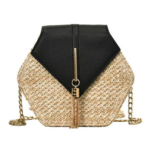 Hexagon Shoulder Bag Woven Beach Circle Handbag Summer Rattan Bag