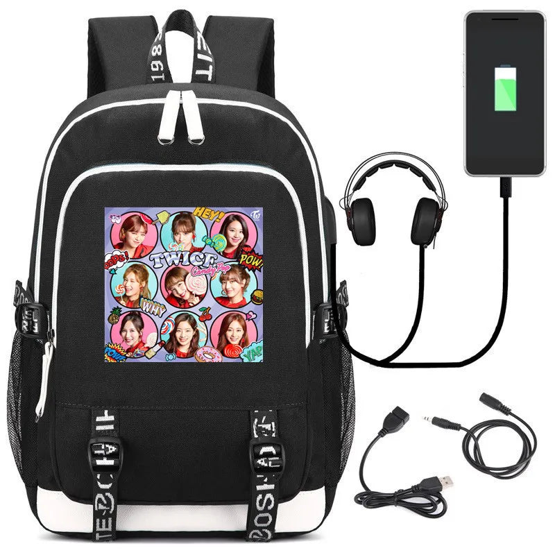 Twice Girls Fans Backpack with USB Port, Lock, Headphone Interface