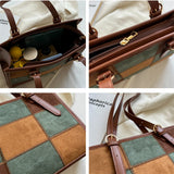 Retro Suede Checkered Tote Shoulder Bag for Women Winter Roomy Satchel