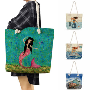 Mermaid Print Tote Bag Casual Handbag for Women High Capacity Portable Travel Be