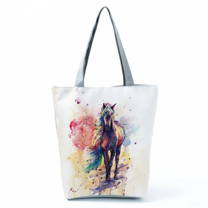Animal Reusable Shoulder Bag Watercolor Horse Print Handbag