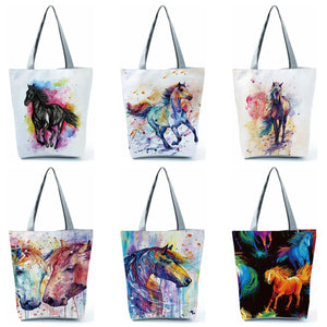 Animal Reusable Shoulder Bag Watercolor Horse Print Handbag