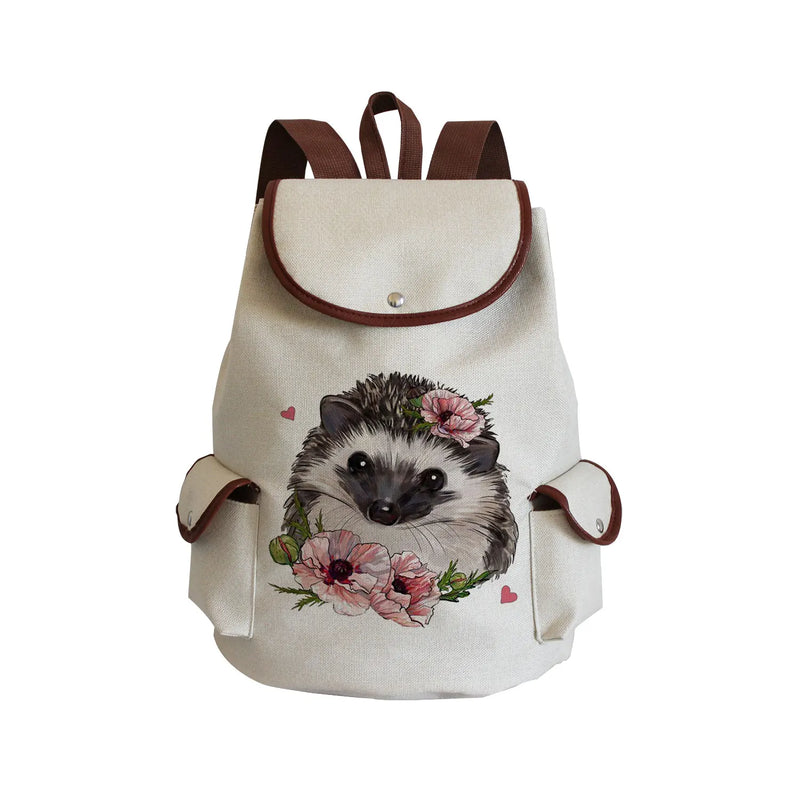 High Capacity Student Backpack Drawstring Bag Casual Portable Hedgehog Flower