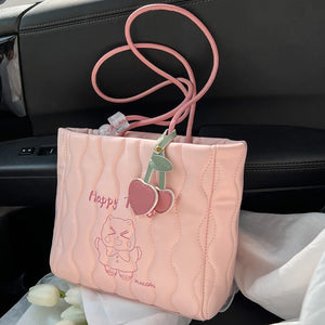 Cartoon Printed Tote Bag Embroidered Thread Shoulder Women PU Leather