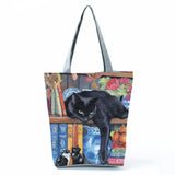 Oil Painting Cat Printed Tote Bag Lady Handbag Reusable Shopping Bag