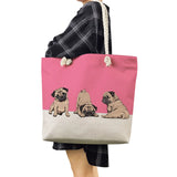 Summer Pug Print Tote Bag Linen Rope Shoulder Bag